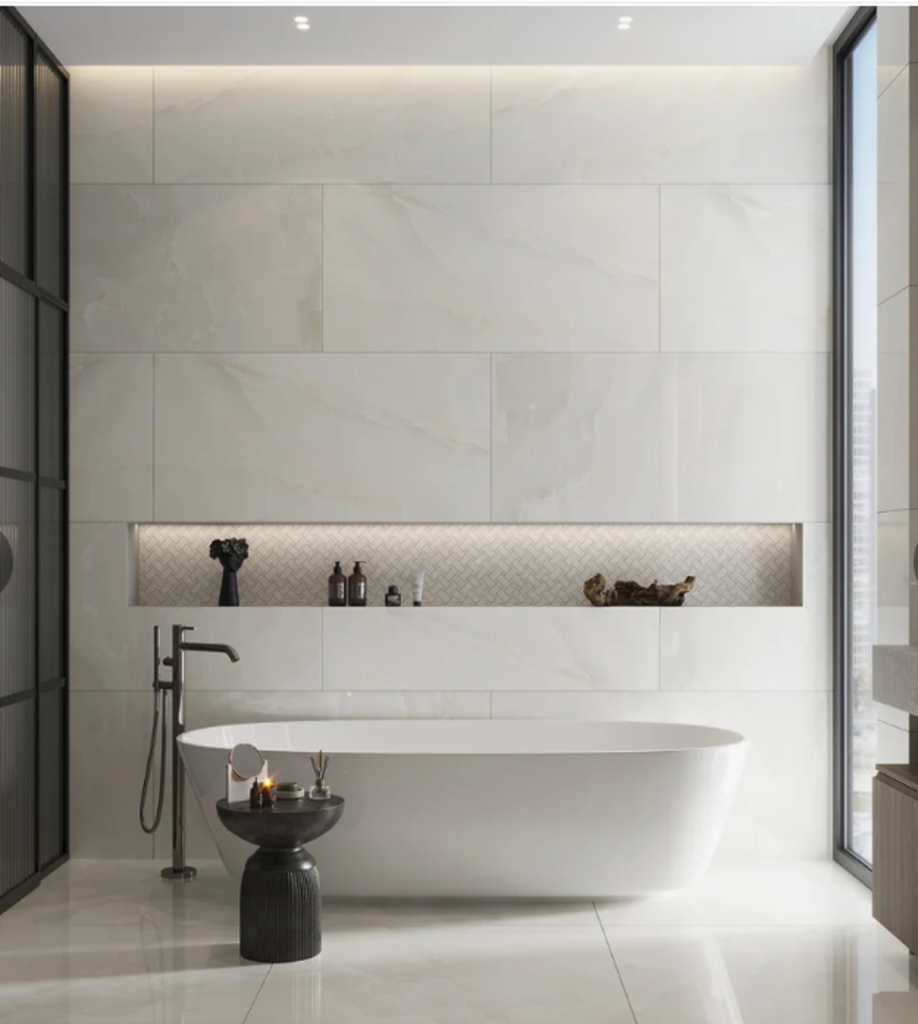 white lappato porcelain large format tile with an elegant onyx stone look and subtle natural veining